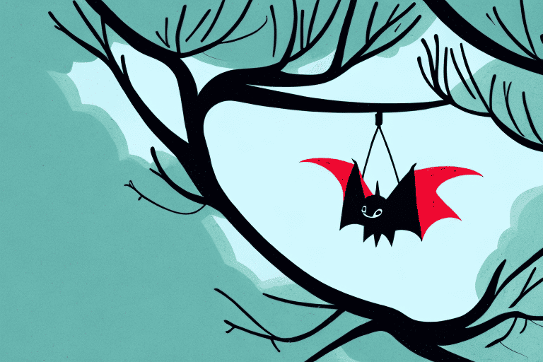 A bat hanging upside down in a cave or tree during the day