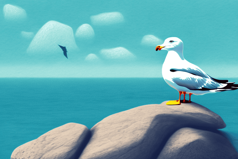 A seagull perched on a rock or cliff by the sea