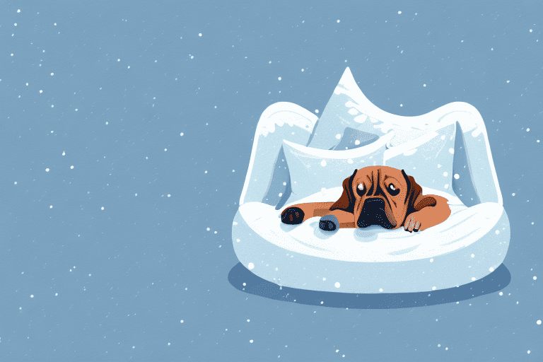 A dog sleeping in a cozy bed surrounded by snow
