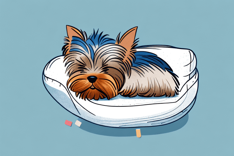 A yorkshire terrier sleeping in a comfortable bed