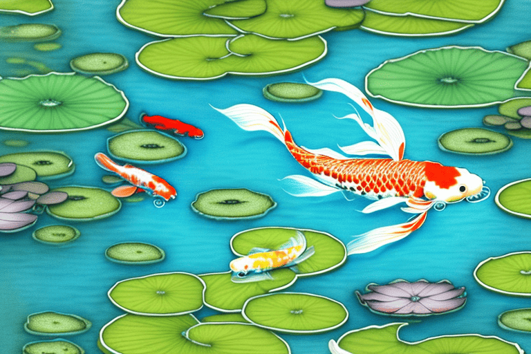 A koi fish swimming in a pond with lily pads and other aquatic plants