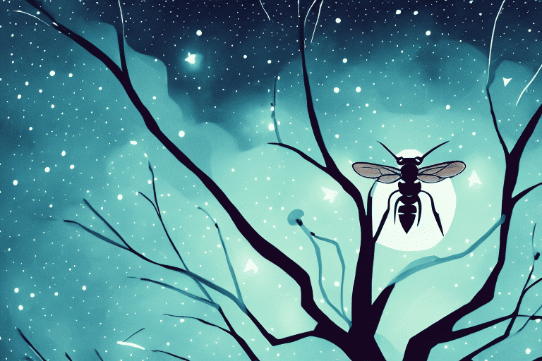 A hornet perched on a tree branch at night